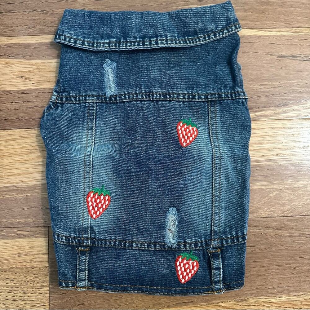Dog Denim Jacket, Embroidered Strawberries,‎ Distressing, Pet, Snap Buttons, XL